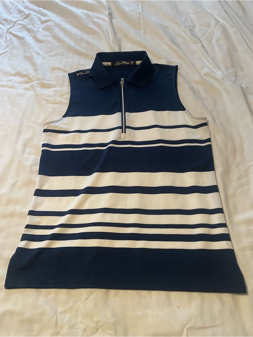 RLX Ralph Lauren Women's Navy White Stripe Sleeveless Golf Polo Tank Zip Sz M